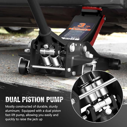 DNA MOTORING Floor Jack 3 Ton (6000 lbs) Capacity, Fast Lift Service Jack Low Profile Steel Heavy Duty Hydraulic Car Jack, Lifting Range 3"-20", Black, TOOLS-00475-BK