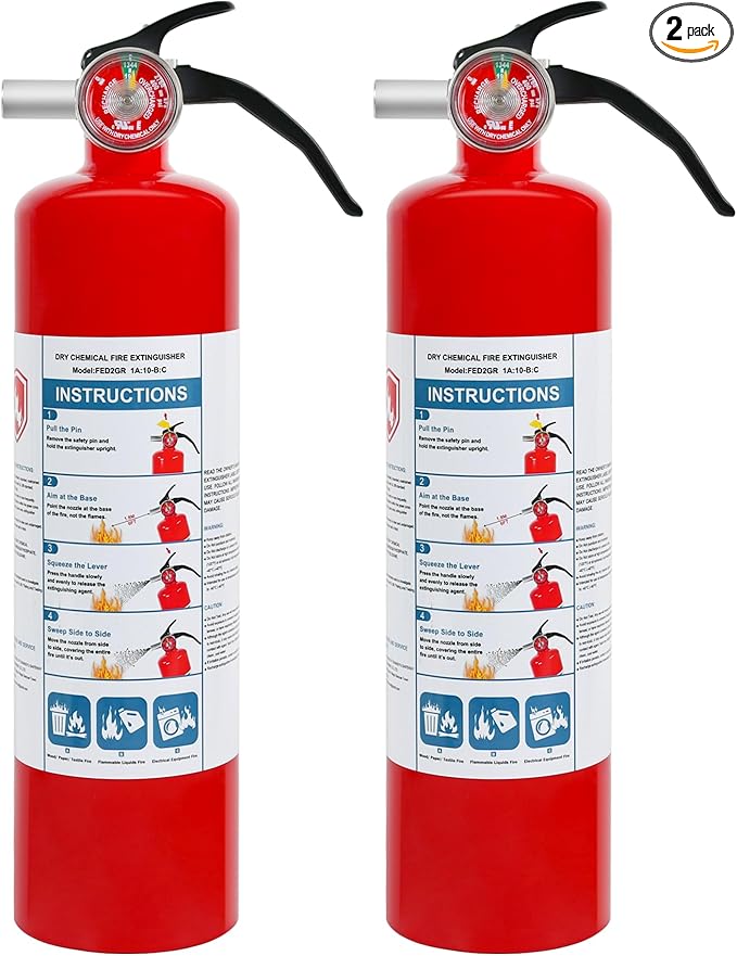 2 Pack Dry Chemical Fire Extinguishers 2.5 lb ABC, Home, Car, Boat Use, 1A:10B:C Rating, Quick Release Handle, Easy to store and Carry Dry Powder Extinguisher