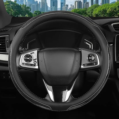New Leather Car Steering Wheel Cover, Non-Slip Car Wheel Cover Protector Breathable Microfiber Leather Universal Fit for Most Cars(Black)