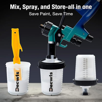 Disposable Paint Cups 6 Ounce(165ml), Mini Paint Mixing Cups with Lid and 30 Pack Paint Cup for Automotive Spray Gun, 125-Micron Filter, 2 Hard Cup with Retainer Ring, 20 Plugs, 1 Stirrer, 1 Seal Tape