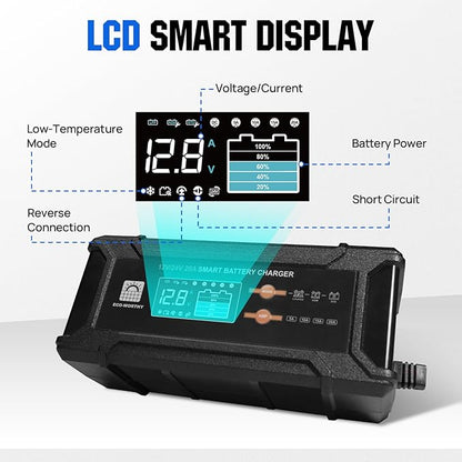 ECO-Worthy 12V/24V 20A Smart Battery Charger Maintainer, Auto Voltage Detect for LiFePO4 Lead-Acid with Multi-Current Options 5A/10A/15A/20A, Trickle Charger for Car Truck Motorcycle Lawn Mower