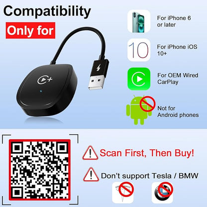 Wireless CarPlay Adapter, CarPlay Wireless Adapter Supports Netflix, YouTube, and Tiktok Stream Media Play, for OEM Wired CarPlay to Wireless Dongle, Fits for Cars from 2016 & iOS 10+ Phone