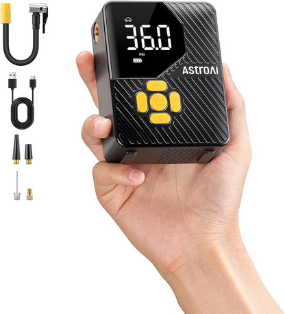 AstroAI L7 Mini Tire Inflator Portable Air Compressor,150 PSI Cordless Car Tires Air Pump with LED Lights&Pressure Gauge,Auto Shut-Off - Tire Pump for Auto,Motorcycle, Bicycle, Ball Yellow