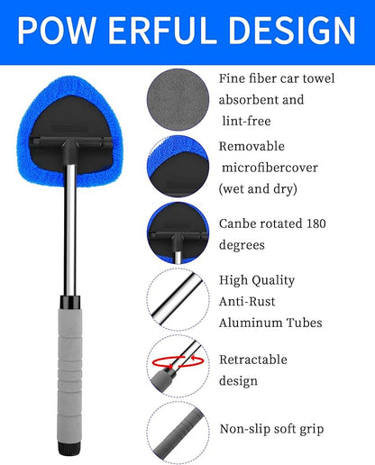 Auto Window Cleaning Tool, Retractable Windshield Cleaner Wand, Car Window Glass Cleaning, Double Sided car Window Cleaner, Microfiber Mirror Cleaning Tool kit. Car Interior Cleaning. (Blue)