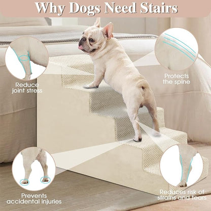 GGIB Dog Stairs for Small Dogs Pet Stairs for Sofa Couch Dog Ramp Pet Steps with Removable Washable Cover, Beige, 22" H, 5-Step
