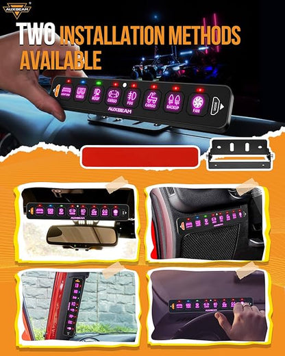 Auxbeam 8 Gang Slim Switch Panel RGB AS-R80 Toggle Momentary Pulsed Dimmable Backlight 80A Multifunction Switch Panel with Memory Function for 12-24V Truck Offroad Car Marine 2 Years Warranty