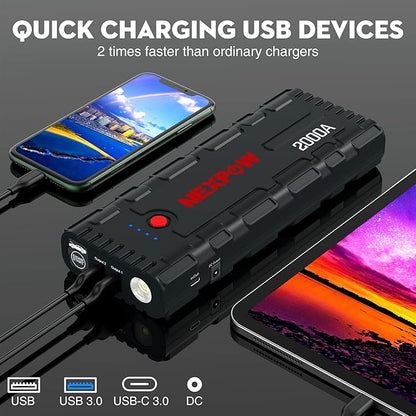 NEXPOW Car Jump Starter, 2000A Peak 12V Portable Car Battery Starter, Auto Battery Booster, Lithium Jump Box with LED Light/USB Quick Charge 3.0