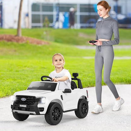 HONEY JOY Ride On Car, 12V Licensed Ford Ranger Electric Vehicle for Kids, Spring Suspension, Music & 3 Speeds, Horn, LED Lights, Battery Powered Ride On Toy with Remote Control(White)