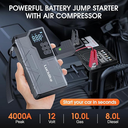 【New】 Lucklike Jump Starter with Air Compressor, 4000A Portable Car Battery Jumper Starter Pack for 10L Gas and 8L Diesel, Tire Inflator with Presssure Detection, 12V Jump Box with 3 Modes Flashlight