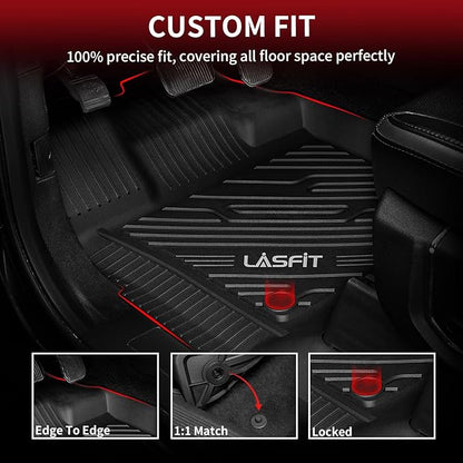 LASFIT Floor Mats for Ford F-150 2015-2025 | F150 Lightning 2022-2025 SuperCrew (Rear w/Fold Flat Storage) Carpet Floor All Weather Car Liners TPE Truck Mats - 1st and 2nd Row, 3pcs Black
