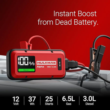 Hulkman Alpha, Ultra Red, 1000A 37Wh Battery Jumper Starter Portable, 12V Modern Car Jump Box with Jumper Cables, for 6.5L Gas/3.0L Diesel Engines, 65W Fast Charging, IP65 Rated, Large LED Display