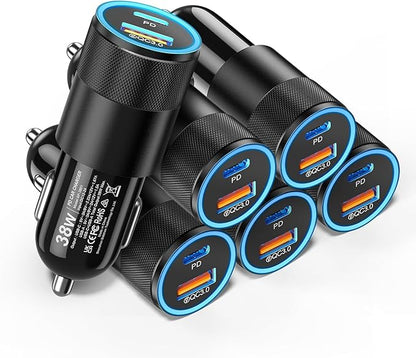 6 Pack USB C Car Charger, Ancekoy 38W Dual USB-C + USB-A Car Charger Adapter Fast Charge PD/QC 3.0 Cigarette Lighter Adapter USB Charger Plug for iPhone 16/15/14/13/12/11/Pro Max, iPad, Samsung,Pixel
