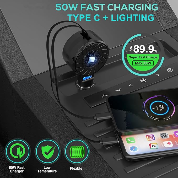 Retractable Car Charger (2Pack), 3 in 1 Fast Charging Phone Charge 50W, Mini Car Adapter with 2 Cables+1 Port Cigarette Lighter USB C Charger for Apple iPhone 15 Pro/Samsung/Android/Pixle