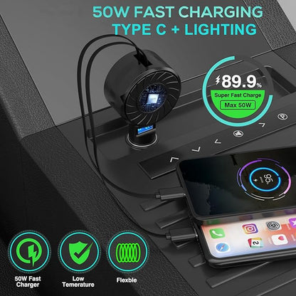 Retractable Car Charger, 3 in 1 Fast Charging Car Phone Charger 50W, Mini Adapter with 2 Cables+1 Port Cigarette Lighter USB C Charging for Apple iPhone 15 Pro/Samsung/Android/Pixle