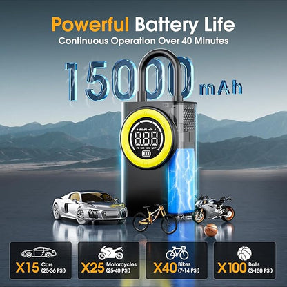 Tire Inflator Portable Air Compressor,150 PSI Cordless Air Pump for Car Tires with Digital Pressure Gauge & LED Light,5X Faster Portable Tire Inflator for Car,Motorcycle,Bike,Ball