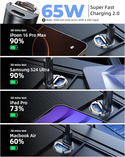 65W USB C Car Charger Fast Charging，12V USB Outlet Accesorios para Carro，Compact Cigarette Lighter Adapter，Car Phone Charger for iPhone/16/15/14/13/12 Samsung S25 S24 S23Google Android