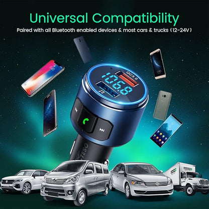 Upgraded FM Bluetooth Transmitter Car, QC3.0 Quick Charging & LED Backlit Bluetooth Car Adapter/FM Transmitter/Hi-Fi Music Player with Noise Cancelling Calls, Siri Google Assistant