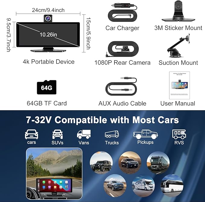 Carplay Screen for Car,10.26" HD Car Stereo for Apple Carplay & Android Auto -with Rotatable 4K Dash Cam & HD Backup Camera, Dual Front/Inside Recording, GPS Navigator for Cars,Trucks