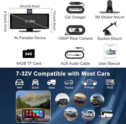 Carplay Screen for Car,10.26" HD Car Stereo for Apple Carplay & Android Auto -with Rotatable 4K Dash Cam & HD Backup Camera, Dual Front/Inside Recording, GPS Navigator for Cars,Trucks