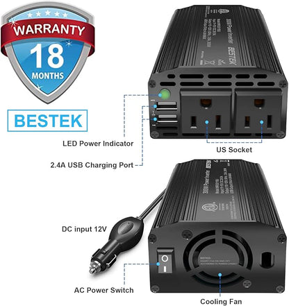 BESTEK 300W Power Inverter DC 12V to 110V AC, Durable Aluminum Housing Car Charger Adapter with 4.8A Dual USB Fast Charging Port, Car Plug in Cigarette Lighter Outlet for Phone, Laptop