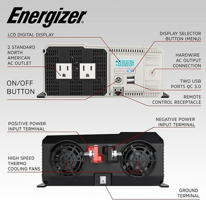 Energizer 1100 Watt 12V to 110v Pure Sine Wave Inverter Dual AC Outlets & USB, Installation Kit Included, Automotive Power for Tools, Camping Essentials & Car Accessories - ETL Approved UL STD 458