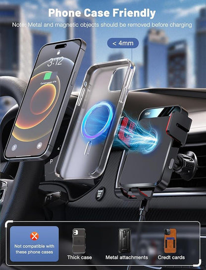 Wireless Car Charger, MOKPR Auto-Clamping Car Mount 15W/10W/7.5W Fast Charging Air Vent Car Phone Mount Compatible with iPhone 15/14/13/13 Pro/12 Pro Max/12/11/10/8 Series, Samsung Galaxy Series Red