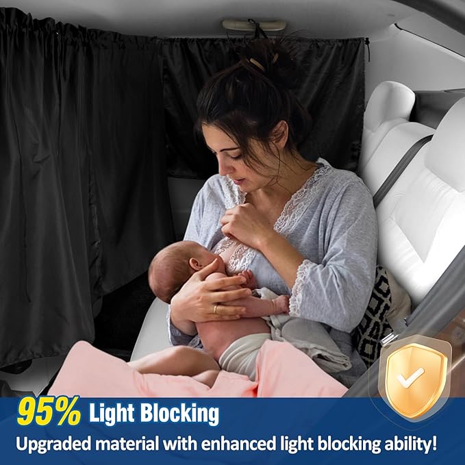 Set of 3 Car Window Shades - 95% Light Blocking Sunshades, 1 Privacy Divider Curtains & 2 Side Window Covers, Wide Sedan SUV Accessories for Kids Baby Travel Camping Nap Sleeping
