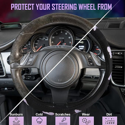 Car Pass Purple Embroidery Butterfly Steering Wheel Cover, Universal 15 Inch Car Wheel Cover for Women Girls, Fit for Suvs,Small Trucks,Sedans,Cars (Black and Purple)