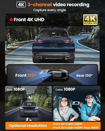 4K 3 Channel Dash Cam, 2160P+1080P+1080P Front and Rear Inside Car Camera with 64GB Card, WiFi Built-in GPS, 3“ IPS Screen, IR Night Vision, G Sensor, WDR, 24/7 Parking Mode(F3)