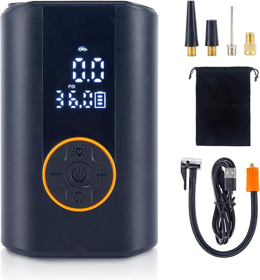 Tire Inflator Portable Air Compressor Cordless Rechargeable Mini Air Pump, with Digital Pressure Gauge & LED Lights, 150PSI Max Tire Pump for Motorcycles Bikes Cars Balls