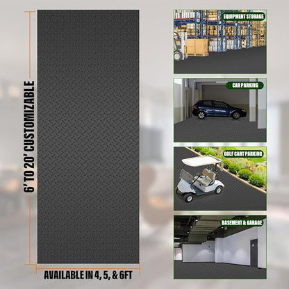 SEAL 4 x 10 Ft Premium Garage Floor Mat, Solid 2.8mm Thickened Black Commercial Grade Heavy Duty Parking Mat for Garage Floor, Golf Cart, Water/Stain Resistant Floor Runner (Embossed Diamond Plate)