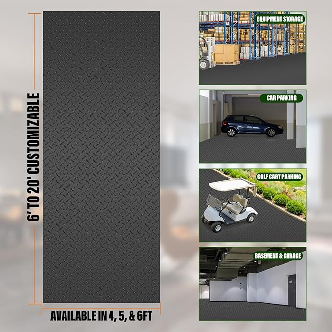 SEAL 6 x 10 Ft Premium Garage Floor Mat, Solid 2.8mm Thickened Black Commercial Grade Heavy Duty Parking Mat for Garage Floor, Golf Cart, Water/Stain Resistant Floor Runner (Embossed Diamond Plate)