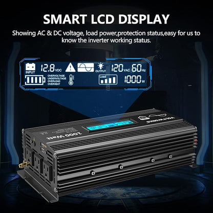 1000 Watt Pure Sine Wave Power Inverter ETL UL458 12V DC to 110V 120V AC 1000W for Home RV Truck Off-Grid Solar Compatible with Lithium Battery with LCD Display [3 Years Warranty] by VOLTWORKS