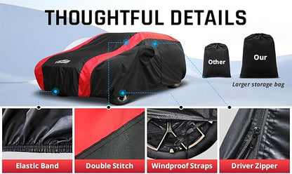 SUV Car Cover Waterproof All Weather Protection with Red Stripe Design,Universal Fit Toyota RAV4, Honda CRV, Tesla Model Y, Audi Q5, Nissan Rogue, Mazda CX-5, Kia Sorento,Hyundai Sante Fe