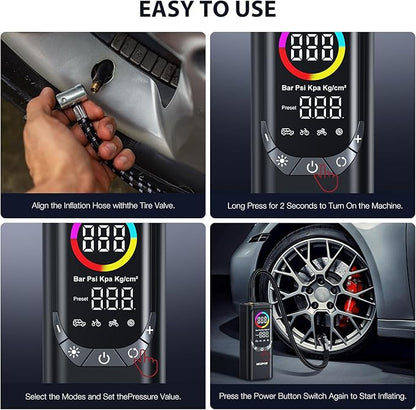 NEXPOW NP17 Portable Air Compressor, 150 PSI Digital Tire Inflator, Fast Inflation with Auto Shut-Off, LED Light, Multiple Nozzles for Car, Bike, and Ball, Compact Design, Grey