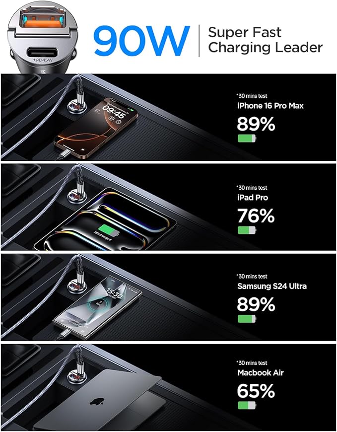 MRGLAS 2-Pack 90W USB C Car Charger,[Super Mini Metal] Car Charger Fast Charging Adapter PD+QC3.0 Dual Port Type C Car Cigarette Lighter USB Compatible iPhone 16 15 14 Pro Max iPad Samsung S25