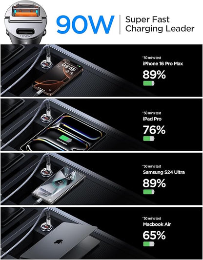 MRGLAS 2-Pack 90W USB C Car Charger,[Super Mini Metal] Car Charger Fast Charging Adapter PD+QC3.0 Dual Port Type C Car Cigarette Lighter USB Compatible iPhone 16 15 14 Pro Max iPad Samsung S25