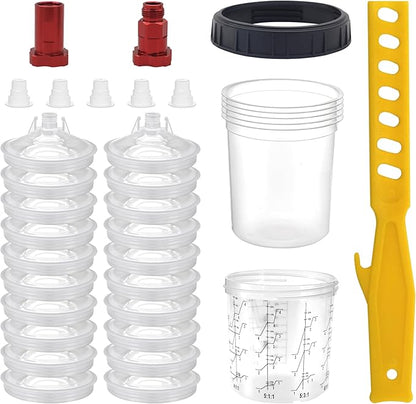 Disposable Paint Cup 20 Ounce (600 ml) Kit - 20 Paint Mixing Cups Liner, 20 Filter Lids, 2 Spray Gun Adapters, 5 Sealing Plugs, 1 Hard Cup，1 Sealing Ring, 1 Stirrer, for Car & DIY Painting