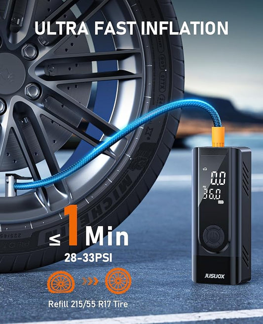 Tire Inflator Portable Air Compressor, 150PSI Cordless Air Pump for Car Tires, Battery & 12V DC Dual Power Electric Bike Tire Pump with Digital Pressure Gauge, LED Light, for Motorcycle, Ball