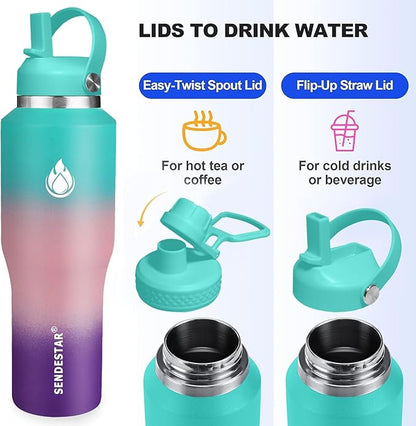 SENDESTAR 40oz Stainless Steel Water Bottle(Cold for 48 Hrs, Hot for 24 Hrs),Double Wall Vacuum Insulated Bottle with Straw Lid, Spout Lid and Flex Cap, Fit in Any Car Cup Holder