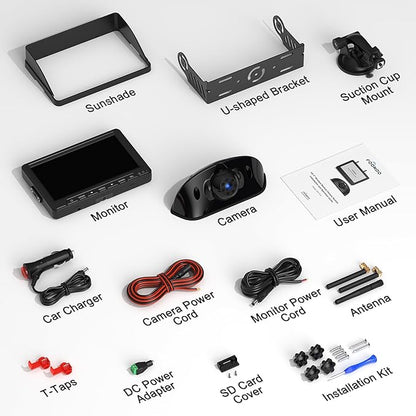 Fookoo HD 1080P 7" Wireless RV Backup Camera System for Furrion Pre-Wired RV Truck Camper, 7" IPS DVR Monitor & Rear View Camera, IR Night Vision IP69 Waterproof DIY Parking Lines - DW7Y5