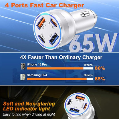 USB C Fast Car Charger, 65W 4-Port Dual USB-C & USB-A Multiport Car Phone Charger Adapter,Fast Charging Cigarette Lighter Adapter Truck Car Accessories for iPhone 16/16e/15 Pro Max,Samsung,iPad,Pixel