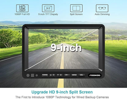 Fookoo Ⅱ HD 1080P 9" Wired Backup Camera System, 9-inch DVR Dual Split Screen Monitor, IP69 Waterproof Rear View Camera for Truck/Trailer/Box Truck/RV, Loop Record, Parking Lines (DY912)