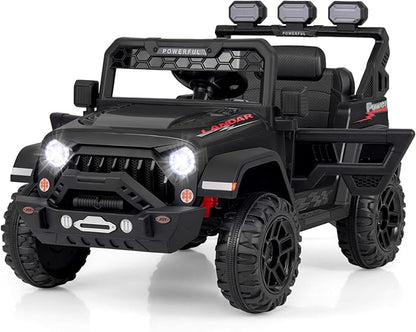 Costzon Kids Ride on Truck, 12V Electric Ride on Car with Remote Control, 3 Speed & Spring Suspension, Wireless Connection, USB, Music, Light, Kids Ride on Toys for Boys Girls (Black)