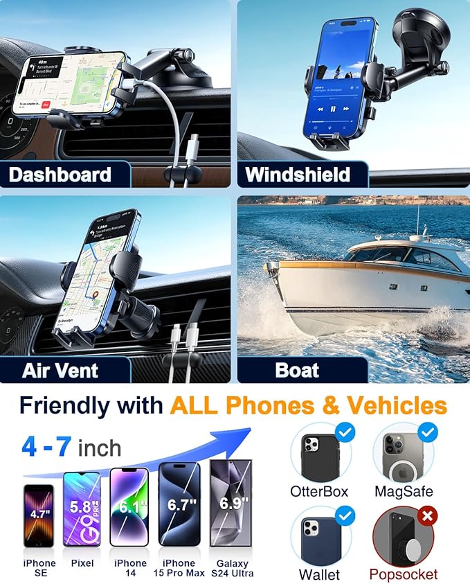 YRU [True Military-Grade 360 Degrees Rotatable Suction] 2025 Ultimate Car Phone Holder Mount 90+LBS Safest Strongest Patent Certs Dashboard Windshield Vent for iPhone 16 15 Pro Max Samsung Light Pink