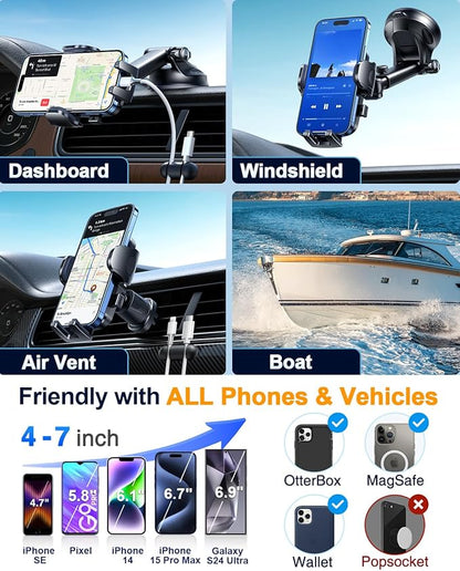 YRU [True Military-Grade 360 Degrees Rotatable Suction] 2025 Ultimate Car Phone Holder Mount 90+LBS Safest Strongest Patent Certs Dashboard Windshield Vent for iPhone 16 15 Pro Max Samsung Light Pink