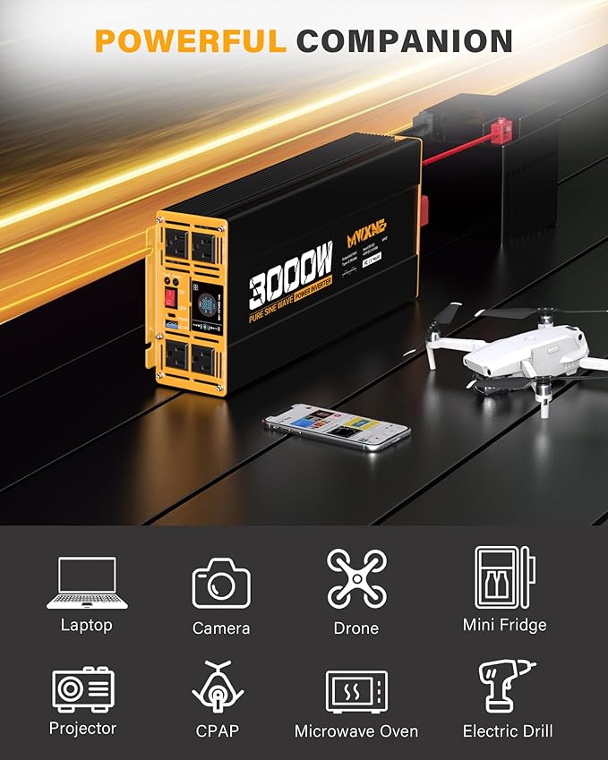 3000W Pure Sine Wave Inverter 12V DC to 110V 120V AC Converter for RV Truck Home Off-Grid Solar Power Inverter with Type-C PD30W/USB Port QC3.0 Quick Charging, 4 AC Outlets, Remote Control
