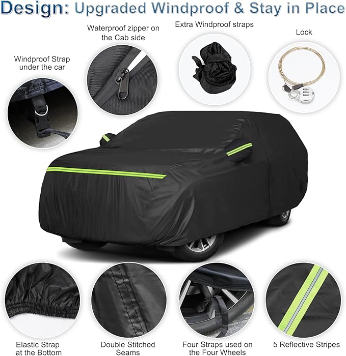 Car Cover Waterproof for 2007-2025 Chevy Suburban/GMC Yukon XL/Cadillac Escalade ESV, Snowproof Outdoor Car Covers with Zipper Windproof Heavy Duty All Weather (Black)