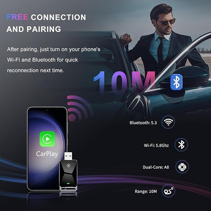Wireless CarPlay Adapter for Apple CarPlay，Convert Wired to Wireless iPhone CarPlay Adapter，Plug and Play, No Latency, Mini Wireless CarPlay Dongle for Cars from 2016 and iOS 10+ （Black）
