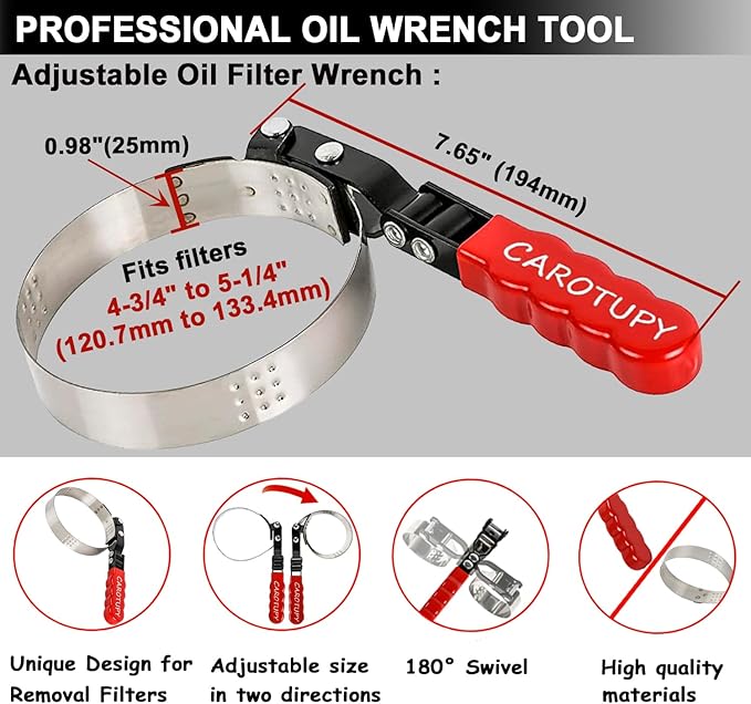 Extra Large Oil Filter Wrench, Oil Filter Wrench Tool Fits Filter from 4-3/4"to 5-1/4" for Cars, Motorcycles and Trucks